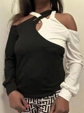 Fongt New Women's Casual Temperament Design Sense Of Color Open Shoulder Hanging Neck Long Sleeve
