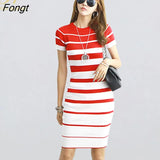 Han Queen New Autumn Women Vintage Stripe Knitted Dresses Office Bodycon Pencil Sheath Dress Elegant Simple Bottoming