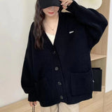 Fongt Department Lazy Wind Soft Waxy V Neck Sweater Coat Female Autumn Winter Loose Wear College Wind Knit Cardigan Jacket-Outfit