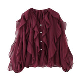 Fongt Women's V-Neck Folding Trim Shirt Long-Sleeved Top Loose Woman