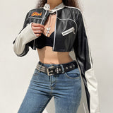 Bomber Woman Varsity Jacket PU Long Sleeve American Racing Jacket¡®s Printing Stand Collar Short Jackets Bombers Coat