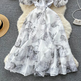 Fongt Coat Collar Fairy Summer Dress Design Dress Waist Ink Niche New Dress Print