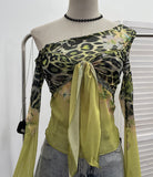 Hottie Sexy Leopard Print Mesh Fake Two Strap Long-Sleeved Top Short Slanted Shoulder T-Shirt