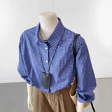 Fongt Class Recommendation! Really Good ~ Korean Version Of The Blue Plaid Shirt Women's Loose Collar Shirt