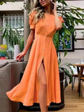 Women's Summer Dress with Botton White Elegant Office Ladies Split Short Sleeve A-Line Chic Holiday Party Maxi Dresses for Women-Outfit