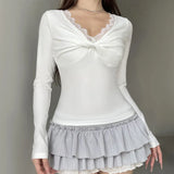 Lace Trim V-Neck Stitched Long Sleeve Tee-Outfit