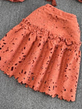 V Neck Hollow Embroidered Lantern Sleeve Short Shirt Solid Mini Skirt 2 Piece Suit Women 2024 Autumn Fashion New TH2512-Outfit