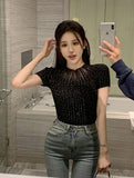 Red Anchor Hottie Ice Silk T-Shirt Summer New Sexy Diamond Short Temperament Slim Thin Short Sleeve