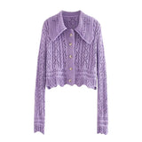Women 2021 Fashion Textured Weave Cropped Knitted Cardigan Sweater Vintage Long Sleeve Female Outerwear Chic