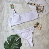 Fongt New Swimsuit Luxury Crystal Diamond Chain Female Split Swimsuit Plain Color One Shoulder Sexy