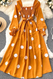 Women Polka Dot Dress Spring Autumn Vintage Square Collar Lantern Long Sleeve Casual Long Dresses Ladies High Waist