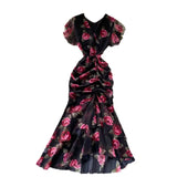Fongt New Light Luxury Chiffon Print Dress Temperament Lotus Side Fishtail Dress Female Dress Thin