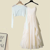 Women Summer Two Pieces Set Korean Knitted Hollow Out Irregular Sunscreen Top And Ruffles Patchwork Chiffon Dress