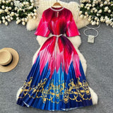 Fongt Women's Niche Elegant Dress New Hollow Nail Ball Neck-To-Celing Waist-Print Folding Long Skirt