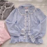 Women Preppy Style Sweet Lolita Blouses Cute Bow Lace Ruffles Plaid Shirt Gothic Girly Kawaii Long Sleeve Harajuku Blusas Mujer-Outfit