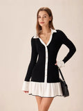 Fongt 2025 New Short Dress Women's Fashion Lotus Side Knitted Dress Long-Sleeved Little Scented Style Dress