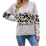 Fongt Autumn And Winter New V-Neck Spliced Knitted Shirt Women's Jacket Leopard Print Women's Sweater