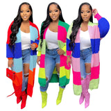 Fongt New Women's Casual Contrast Color Cardigan Handmade Knitted Coat-Outfit