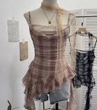 Fongt Lattice Splicing Lace Ribbon Ribbon Swing Tie Sling Sling Vest Irregular Lotus Leaf Side Hottie Top 8078