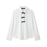 Fongt Bow Ornament Wave Point Printing Casual Shirt 2025 Spring And Summer Long-Sleeved Loose Women's Top
