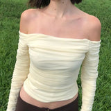Fongt New Hot Selling Sexy Shoulder Slim Mesh Horn Sleeve Long Sleeve Crop