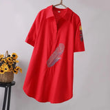 Arrival Women Feather Embroidery Long Cotton White Blouse Summer Short Sleeve White Female Shirt Turn-Down Collar Top