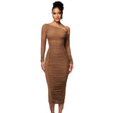 Fongt 2024 The New Women's Long Sleeve Mesh Splicing Inclined Shoulder Long Temperament Pleated Dress