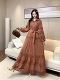 Fongt Retro Elegant Lace Splicing Strap To The Waist Lantern Sleeve Dress Female Thin Temperament Court Style Dress