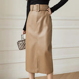 Buckle Belt Mid-length High Waist Skirts Solid Pocket A-line Straight Split Pencil Skirt Hip-wrap PU Leather Skirts