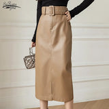 Buckle Belt Mid-length High Waist Skirts Solid Pocket A-line Straight Split Pencil Skirt Hip-wrap PU Leather Skirts