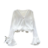 Fongt Shirt Women Spring And Autumn New Three-Dimensional Lotus Edge V Collar Folded Horns Short Top Lady