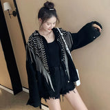 Denim Jacket Coat Women Rivet Tassel Chain Short Coats Woman Loose Streetwear Long Sleeve Black Coats Abrigo De