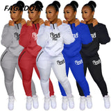 Winter Tracksuits Two Piece Set Pink Letter Print Solid Casual Outfits Zip Sweatshirt + Pockets Pants Set Women Sweat