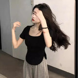 Fongt 2024 New Pure Desire Wind Big U-Collar Hot Girl Top Show Slim Slim Irregular Short-Sleeved T-Shirt Female