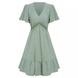 Fongt Leisure Spring And Summer New Women's Fresh V Collar Pure Color Lotus Leaf Sleeve Dress Women-Outfit