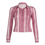 Fongt Retro Pink Striped Long Sleeve Shirt Women's Polo Collar Slim Slim Single Breasted Top-Outfit