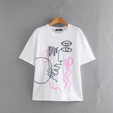 New 2021 Women Basic O Neck Short Sleeve Casual Slim T-shirt Female Abstract Girl Appliques Chic Knit Summer Tops