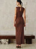 Fongt New Women's Folded Wrinkles Sleeveless Long Dress Stylish Metal Decorative Solid Color Dress
