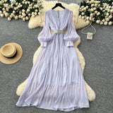 Fongt High-End Temperament Fashion V-Neck Lantern Sleeve Strap To Close Waistguel Dress Female Elegant Long Dress