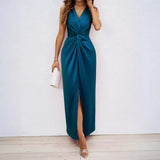 Fongt Summer Women's Elegant Kinesy Sleeveless V-Neck Opening And Repair Body Temperament Dress Dress Woman
