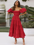 Fongt Summer New Bubble Sleeve Holiday Show Skinny Dress Babes High-Waisted Shoulder-Print Dress Dress Woman