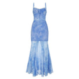 Fongt Chinese Chinese Light Green Shoulder Butterfly Print Fishtail Sling Skirt Sexy Hip Through Mesh Dress