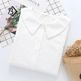 Spring New Women Casual Peter Pan Collar Cotton White Shirt Lantern Sleeve Lace Blouse Autumn Solid Sweet Girl Tops