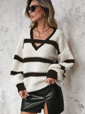 Fongt And Winter New Sweater Woman Loose Knitting Colliding Color V Collar Lantern Sleeves
