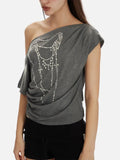 Fongt New Slanted Shoulder Pure Hottie Gray T-Shirt Girl Loose Heavy Metal Decorative Top