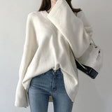 New 2021 Autumn Winter Women's Sweaters Pullover V-Neck Oversize Elegant Minimalist Korean Knitted Lady Jumper