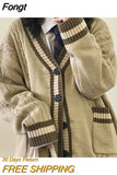 Korean Style Sweater Knitted Cardigan Women Vintage Patchwork Oversize Jumper Women Preppy Fashion V-neck Pocket