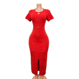 Fongt Body-Stupling Short-Sleeved Bag Hip Dress Gold Metal Buckle Open-Fork Solid Color Dress
