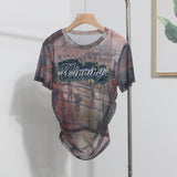 Real Shooting Embroidery With Straight Shoulder Short-Sleeved Mesh T-Shirt Fold Irregular Perspective Hood Top