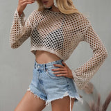 Women Wool Knitwear Solid Color Mesh Round-Neck Long Sleeve Knitted Pullover Tops For Ladies 5 Colors Beachwear Bikini Cover